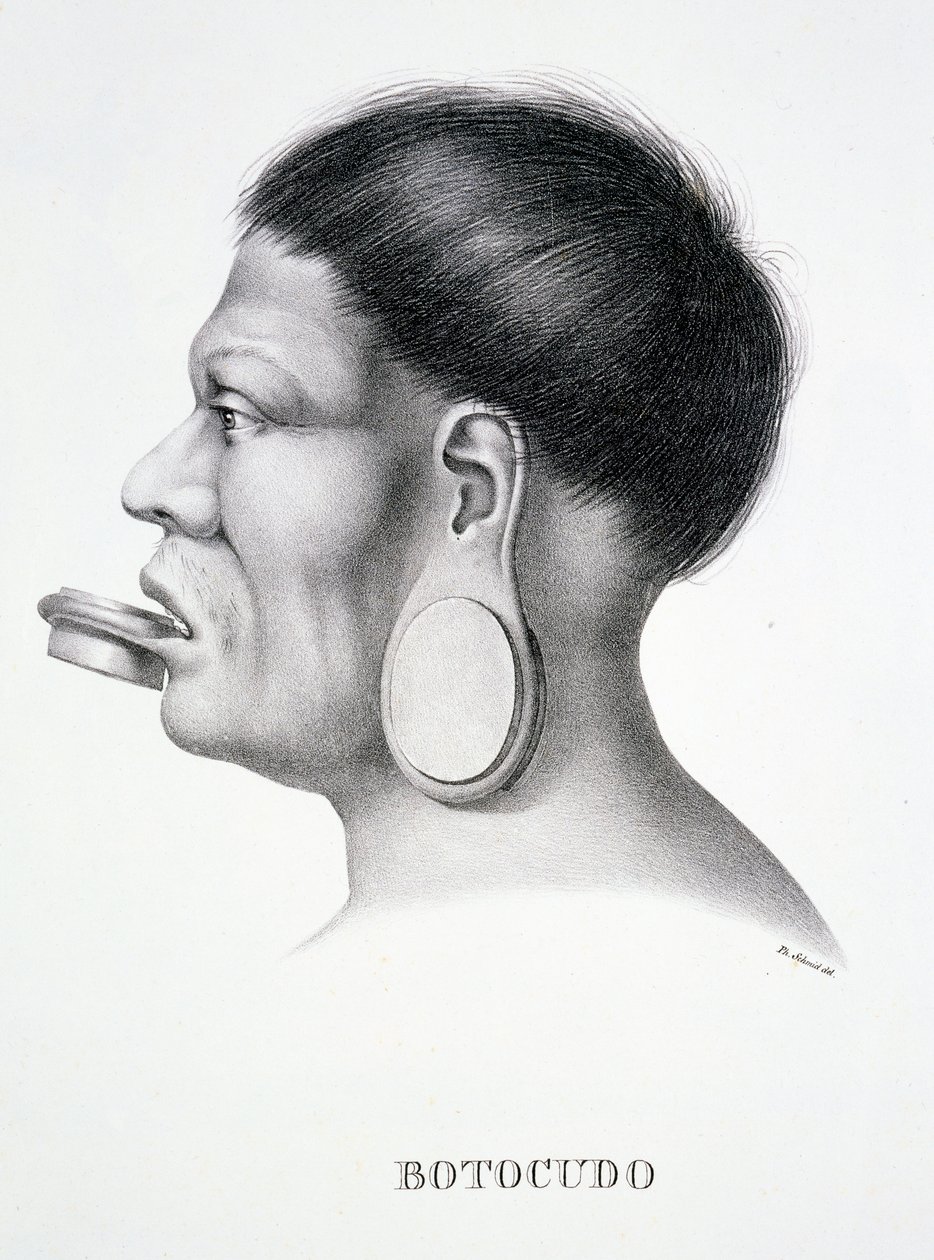 Homem nativo da tribo Botocudo, com decoração de face de plugue, da Atlas of a Journey in Brazil por Dr von Spix e Dr von Martius de German School