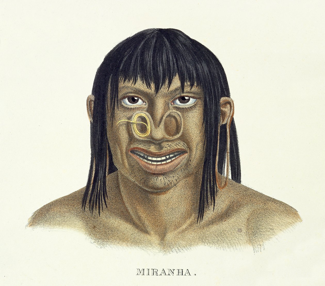 Homem nativo da tribo Miranha, com decoração do nariz, de Atlas de uma viagem no Brasil por Johann Baptist von Spix (1781-1826) e Karl Friedrich Philipp Martius (1794-1868), publicado em 1835-50 (col de German School