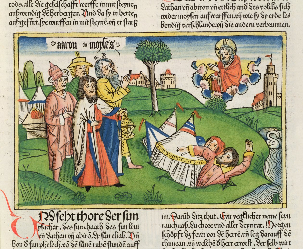 Números 16 32 A Terra engole os rebeldes Dathan e Abiram, da Bíblia de Nuremberg (Biblia Sacra Germanaica) (xilogravura colorida) de German School