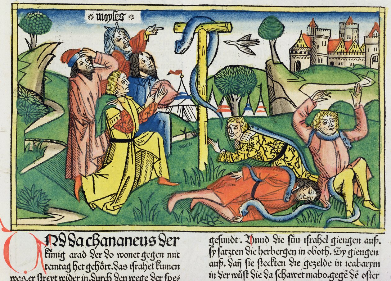 Numere 21 4-9 Cobras venenosas mordem israelitas rebeldes, da Bíblia de Nuremberg (Biblia Sacra Germanaica) (xilogravura colorida) de German School