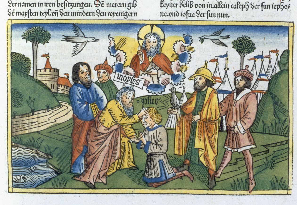 Números 27 18-23 Moisés põe a mão sobre Josué, da Bíblia de Nuremberg (Biblia Sacra Germanaica) (xilogravura colorida) de German School