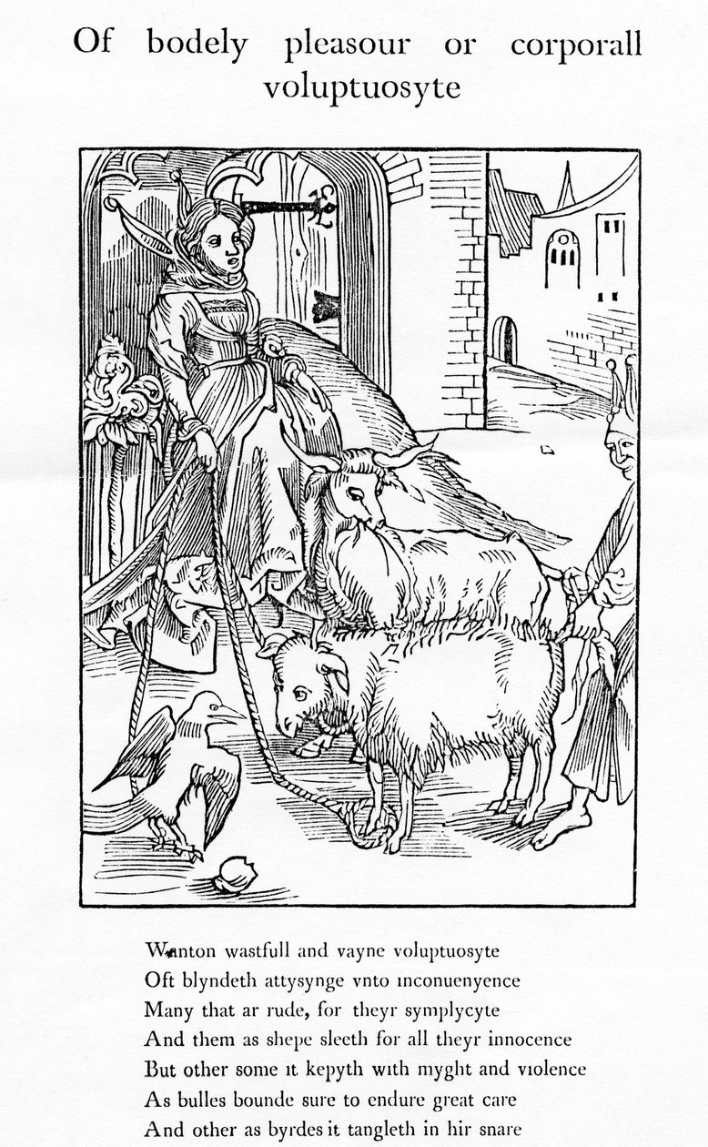 De prazer corporal ou voluptuosyto corporall, ilustração da tradução inglesa de Alexander Barclay de &39;The Ship of Fools&39;, de uma edição publicada em 1874 de German School