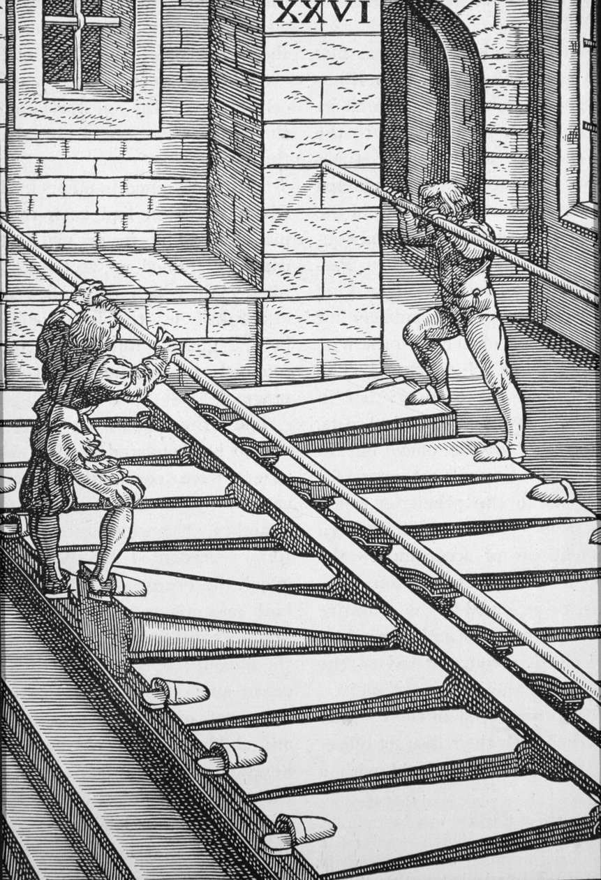 Foles e ventiladores do órgão na catedral de Halberstadt, de "do Syntagma Musicum Praetorious", bar. em 1619 (gravura) de German School