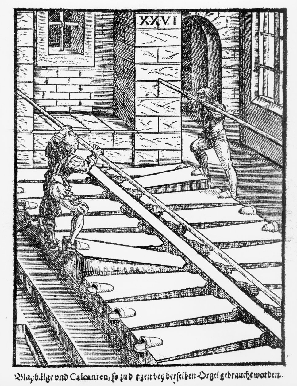 Foles e ventiladores do órgão na catedral de Halberstadt, de Syntagma Musicum Praetorious, bar. em 1619 de German School
