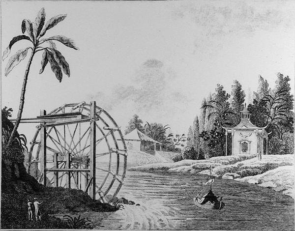 Roda aquática ornamental com pavilhão chinês e barco à vela, de 