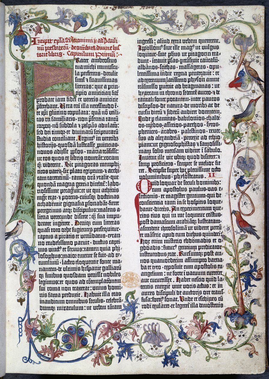Página da Bíblia de Gutenberg, com a iluminação de Erfurt de German School