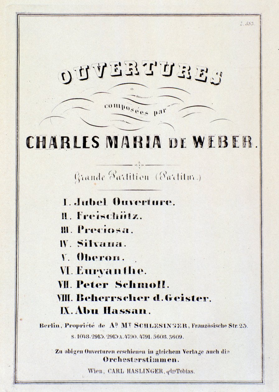 Página com apresentação de aberturas de várias óperas de Carl Maria von Weber (litho) de German School