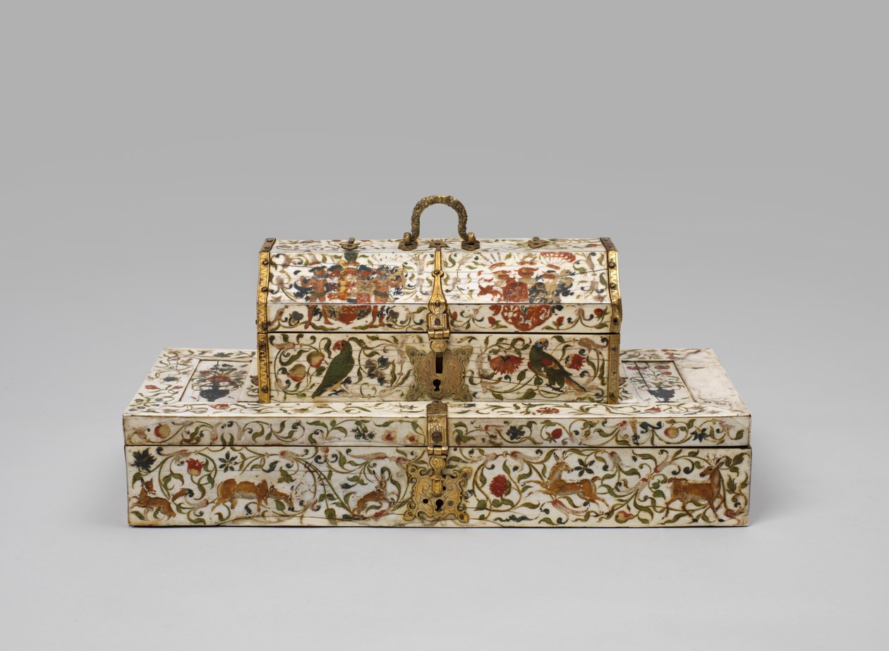 Caixão de casamento em marfim pintado, 1600-99 de German School