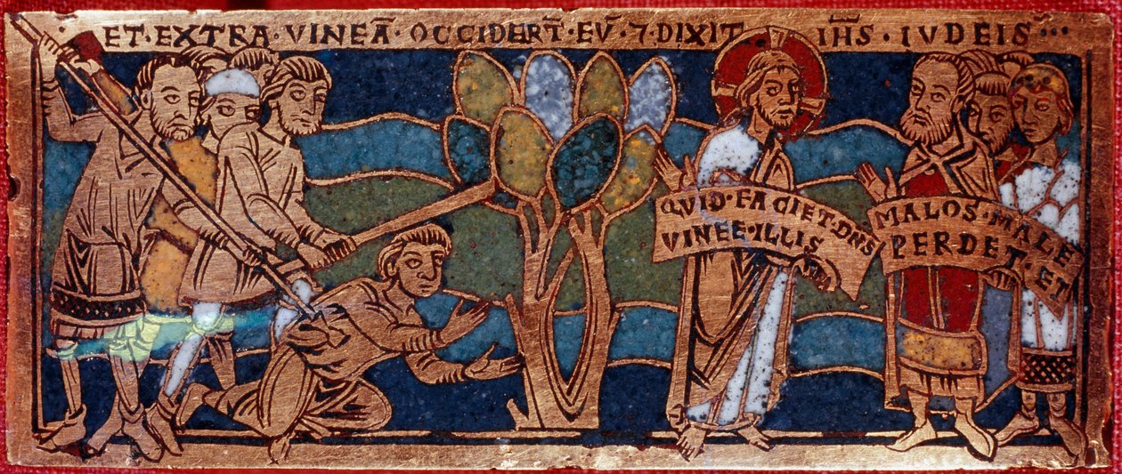 Parábola dos trabalhadores da videira ou parábola dos trabalhadores da décima primeira hora. Placa de esmalte sobre cobre. Escola de Rhenane. Século XII. Florença, Nazionale Museo del Bargello. de German School