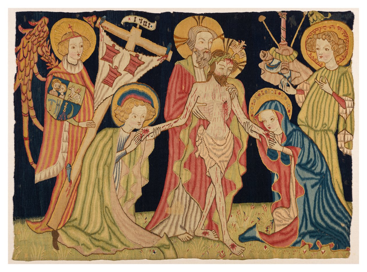 Parte da tapeçaria do frontal do altar representando a Santíssima Trindade, a Virgem, São João e dois anjos, de Nuremberga, c.1420 (lã e linho) de German School
