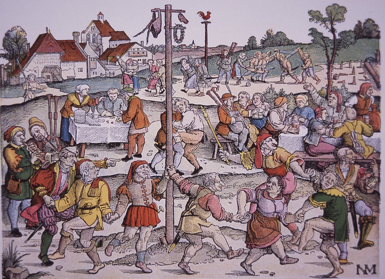 Camponeses a dançar (gravura colorida à mão) de German School