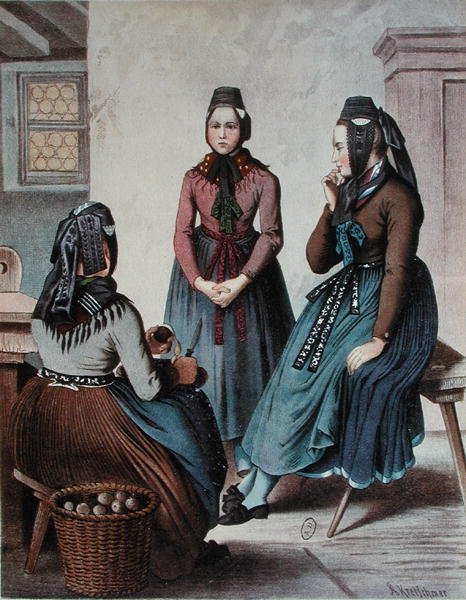 Descascando batatas, meados do século XIX (cor litho) de German School