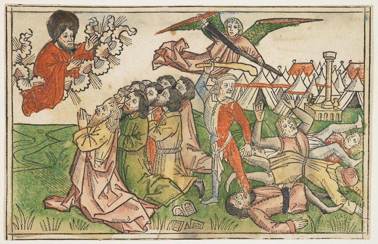 Povo de Israel punido por adorar falsos deuses por volta de 1478, da Bíblia de Koberger, Nuremberg, 1483 (xilogravura colorida à mão) de German School