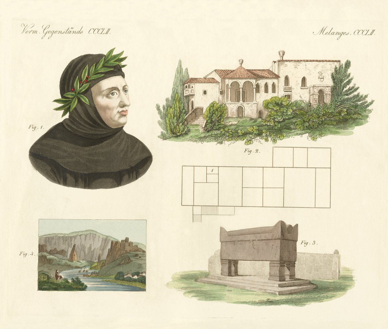 Petrarca, Seu apartamento em Arqua, Seu túmulo junto com uma vista de Vaucluse (gravura colorida) de German School