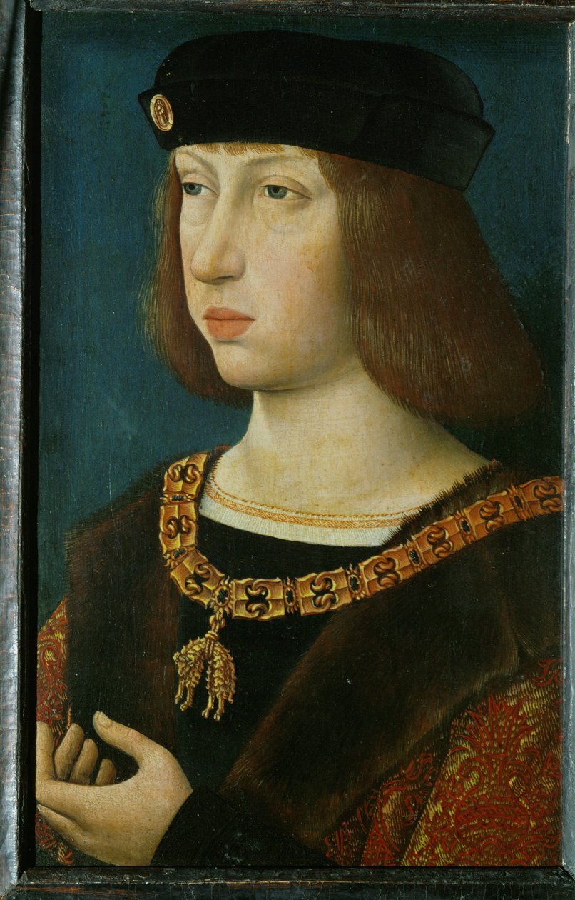 Philipp der Schoene, filho de Maximiliano I e de Marie de Bourgogne ... (pintura sobre madeira) de German School
