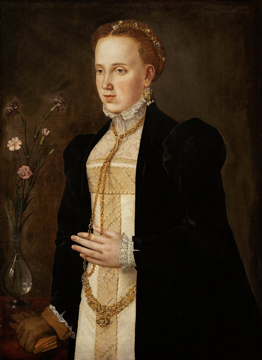 Philippine Welser (epouse de Ferdinand II de Tyrol ou de Habsbourg) - Retrato de Philippine Welser (1527-1580), de mestre do sul da Alemanha (século XVI). Óleo sobre tela, ca. 1557. Museu de História de Arte, Vienne de German School