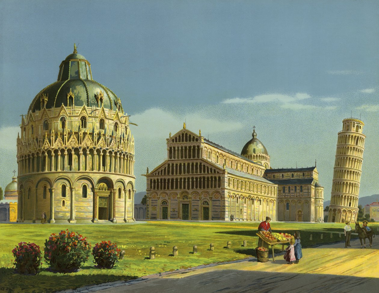 Pisa, Batistério, Catedral, Torre inclinada (cromolitografia) de German School