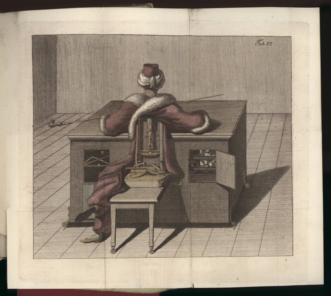 Placa VI, de Uber o jogador de xadrez do Senhor de Kempelen e sua réplica, Leipzig e Dresden: Jo. Gottl. Breitkopf, 1789 de German School
