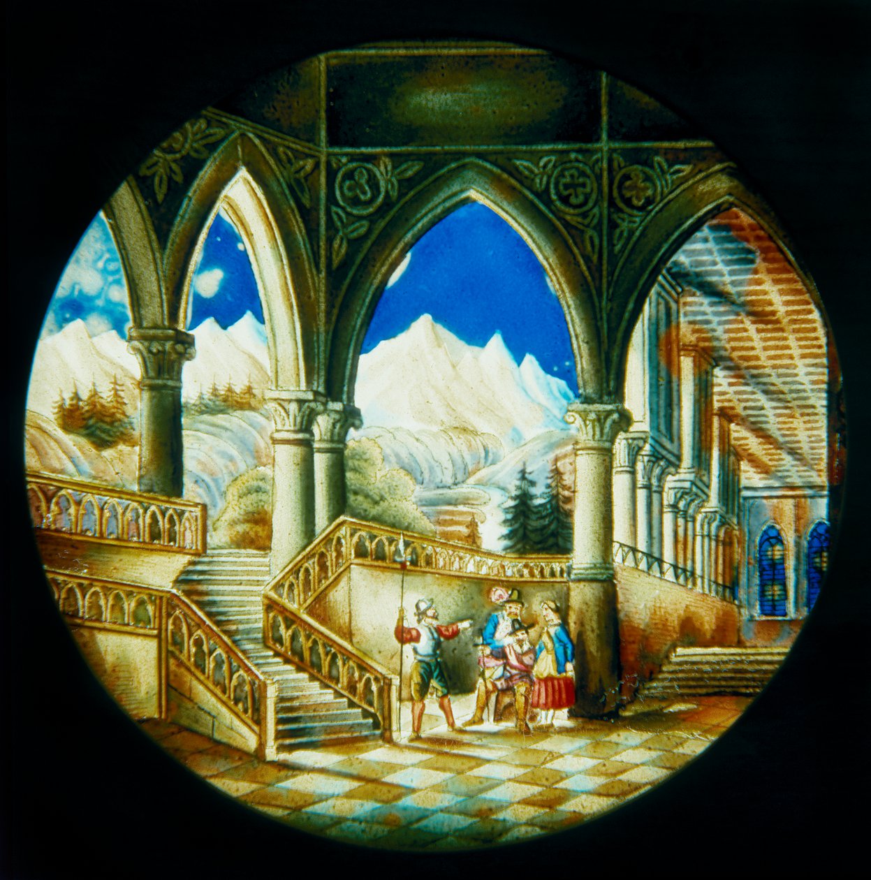 Placa pintada à mão, para Lanterna Mágica feita na Alemanha, retratando uma vista interior de um palácio e uma paisagem, primeira metade do século XIX. de German School