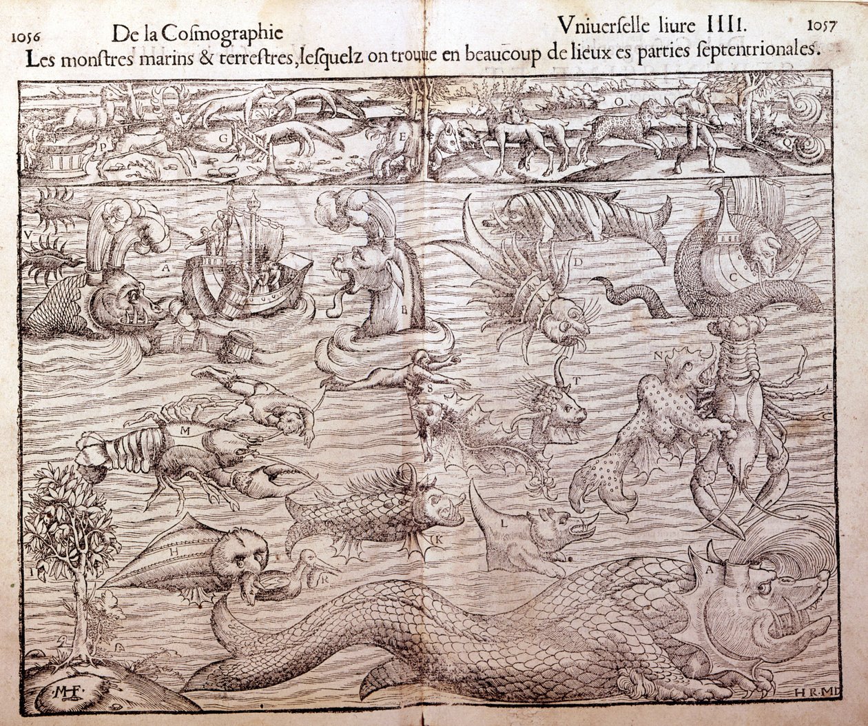 Placa representando todos os tipos de monstros marinhos e terrestres encontrados nas regiões setentrionais: Xilografia tirada da Cosmografia Universal de Sebastien Munster. Bale de German School