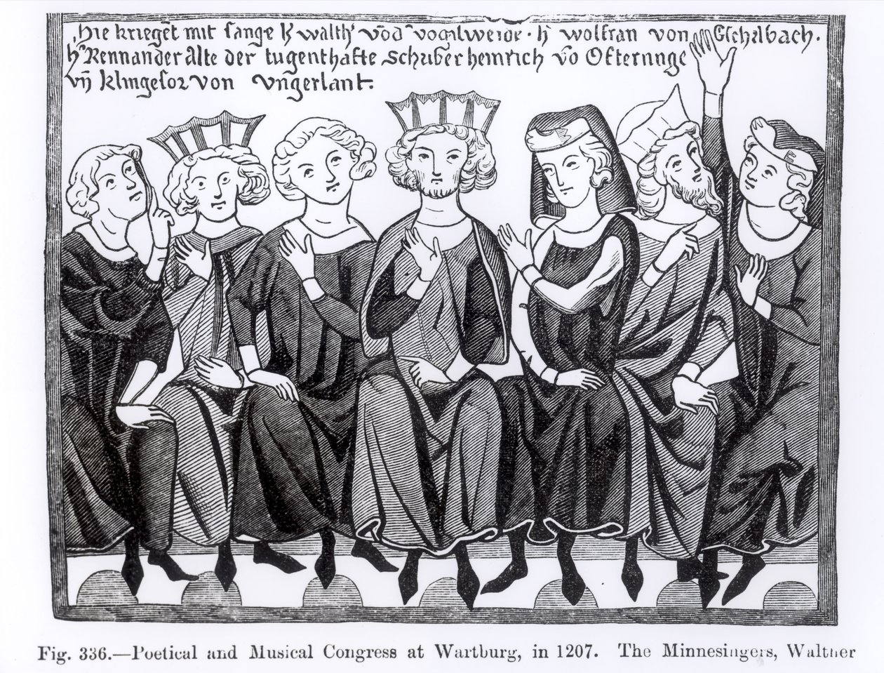 Congresso Poético e Musical, Wartburg, 1207, ilustração da Ciência e Literatura da Idade Média e do Renascimento, escrito e gravado por Paul Lacroix, 1878 de German School