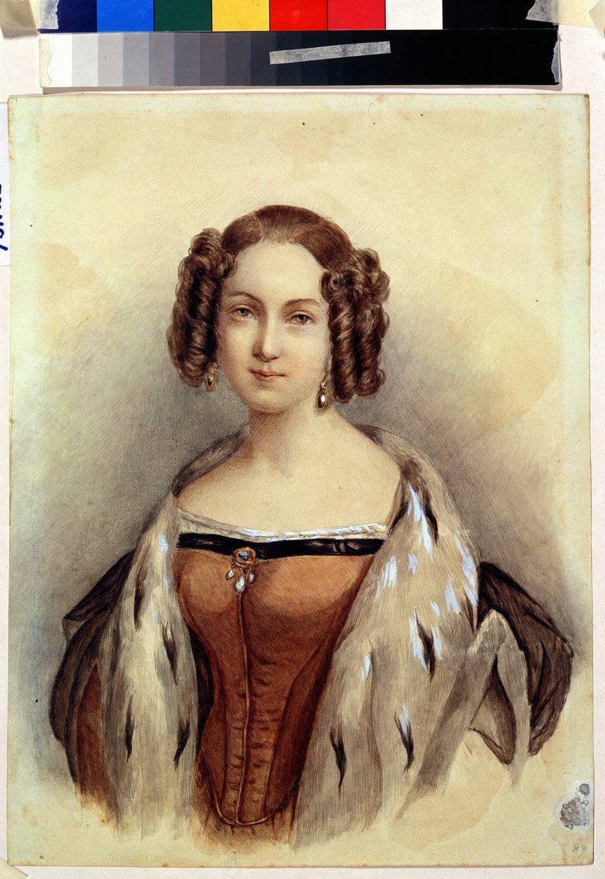 Retrato da Princesa Marie de Hesse e do Reno (1824-1880), futura Imperatriz da Rússia. Pintura anónima. Aguarela sobre papel, 39,3 x 23 cm, final de 1830. de German School