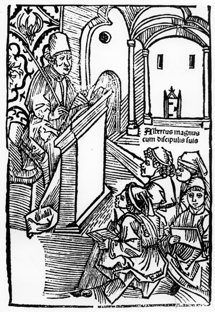 Retrato de Albertus Magnus com alguns de seus alunos, ilustração para a página de rosto de Epitomata, reparações ou toda a filosofia natural de Aristóteles. de Gerardus de Harderwyck, publicado em 14 de German School