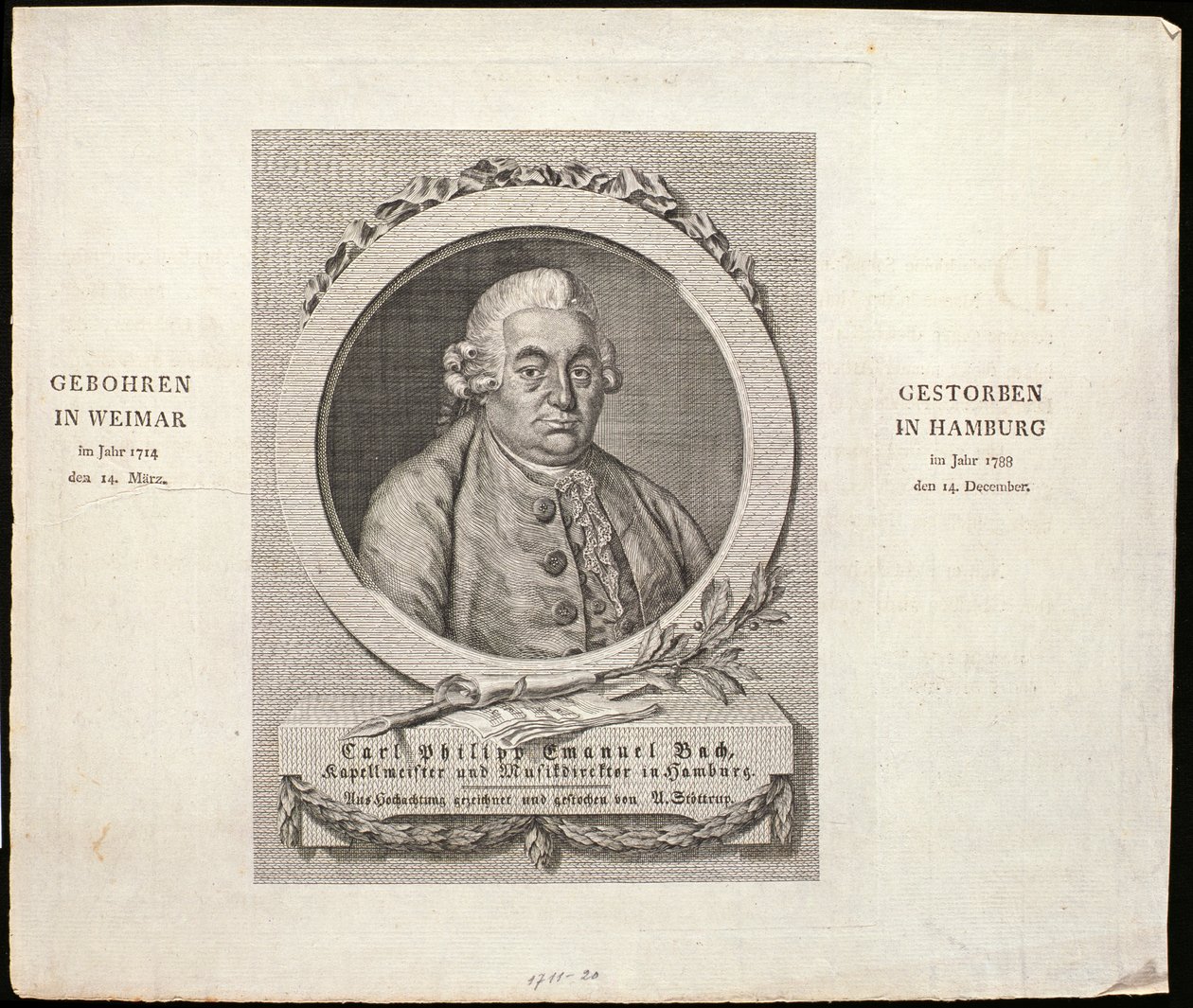 Retrato de Carl Philipp Emanuel Bach (1714-88) gravado por CD Krohn, 1788 de German School
