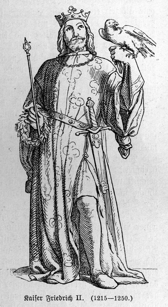 Retrato de Frederic II de Hohenstaufen (1194-1250), Rei do Sacro Império Romano. Gravura em "Kaiser, Konig und Papft", de Richard Roth de German School