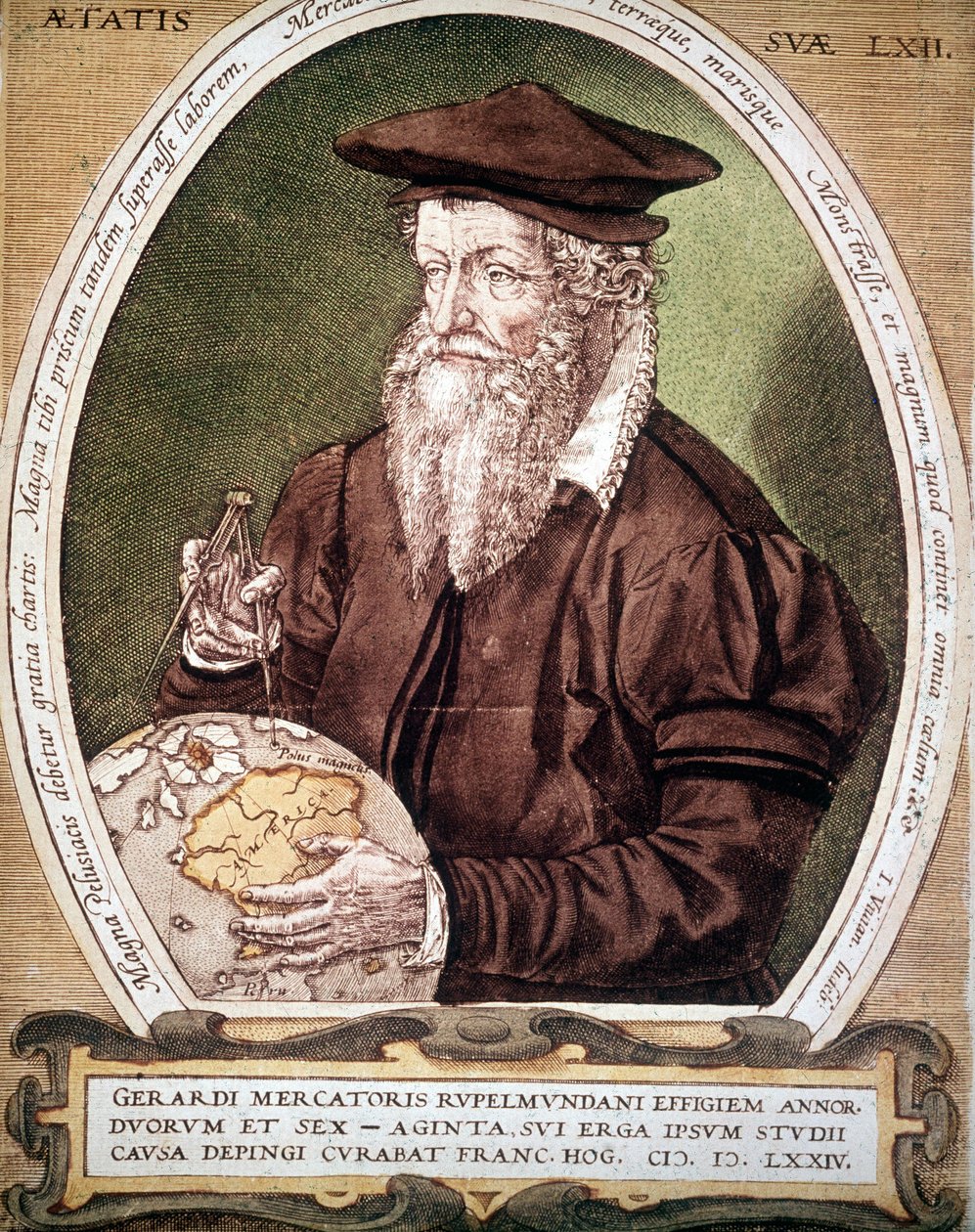 Retrato de Gerhard Kremer dit Gerardus Mercator (1512-1594). Falso título da primeira edição do Atlas. de German School