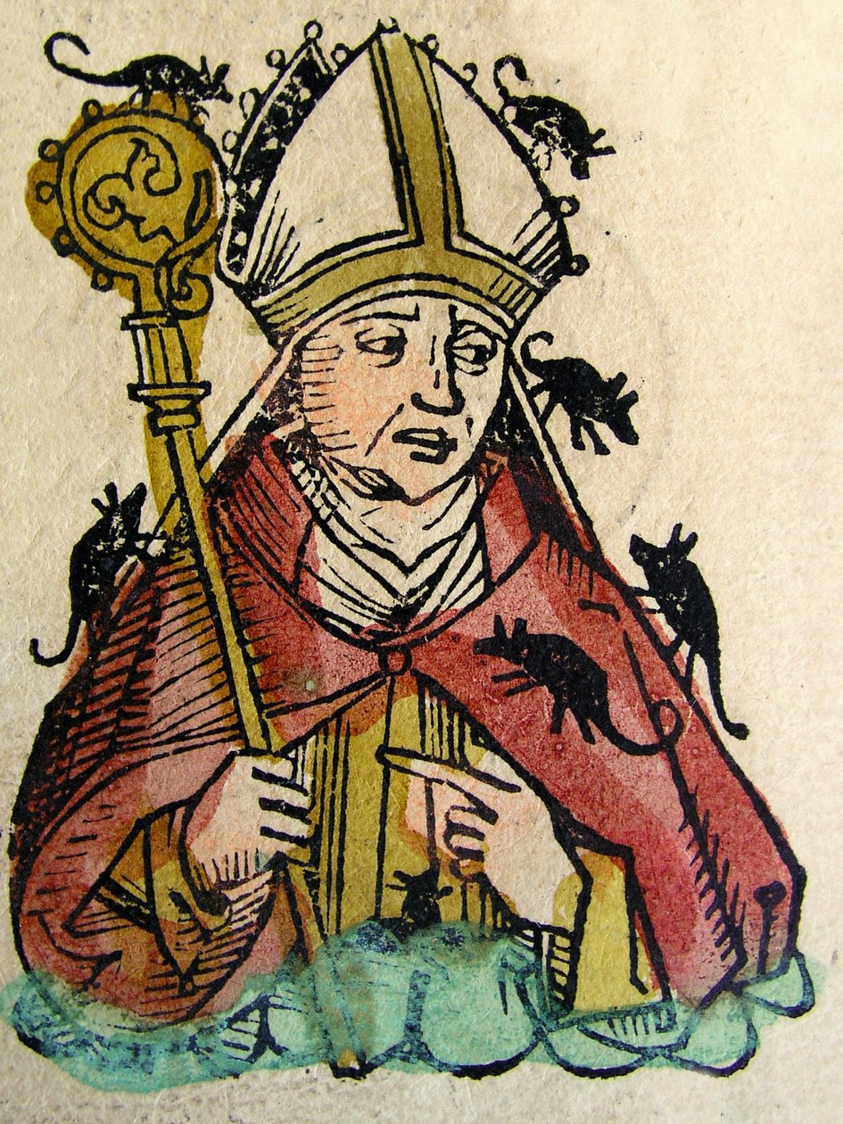 Retrato de Hatto, o arcebispo de Mainz retratado sendo comido vivo por ratos, publicado no Nuremberg Chronicle, 1493 de German School