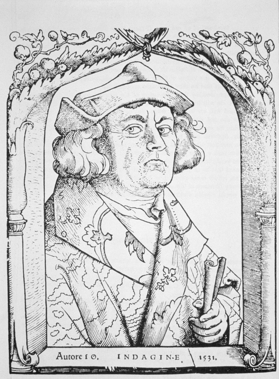Retrato de João de Indagine, após Hans Baldung Grien, de Chiromantia por Ioannes ab Indagine, Strasburg 1531, ilustrado em History of Magic, publicado no final do século XIX de German School