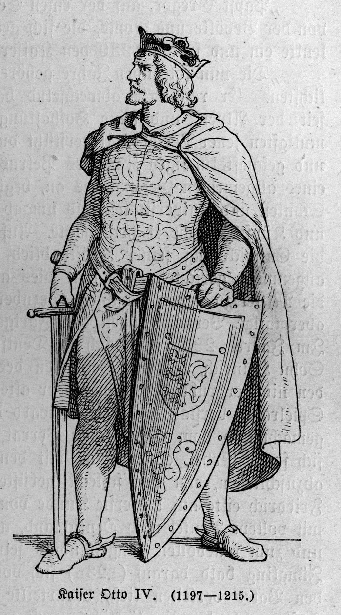 Retrato de Otto de Brunswick (1174/1182-1218), Imperador Romano Alemão e Rei da Itália. Gravura em "Kaiser, Konig und Papft", de Richard Roth de German School