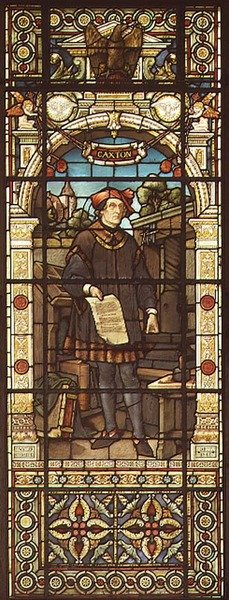 Retrato de William Caxton (c.1422-91) produzido pela Mayer and Co., empresa sediada em Londres, com sede em Londres, c.1880 (vitral) de German School