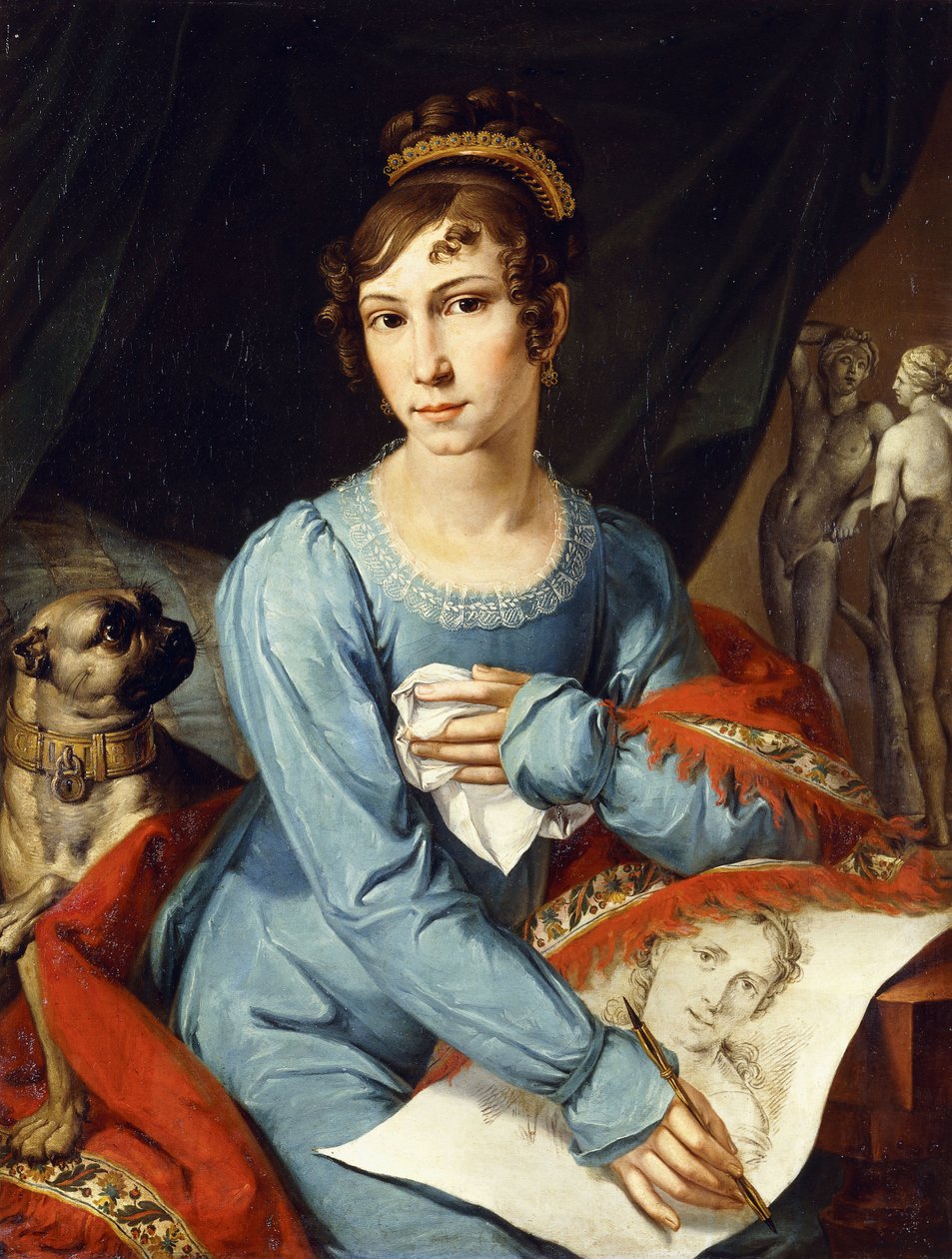 Retrato de uma senhora com seu cão Pug, de German School