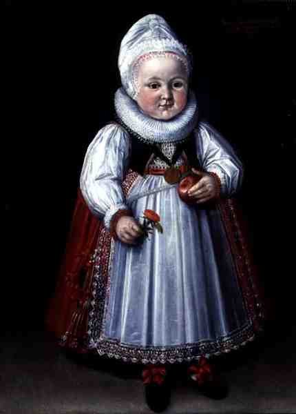 Retrato de uma criança pequena segurando uma maçã e uma flor (óleo sobre tela) de German School
