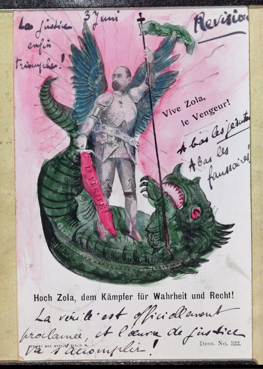 Postal retratando Noble Zola, Guerreiro da Verdade e da Justiça com anotações (cor litho com caneta e tinta e wc) de German School