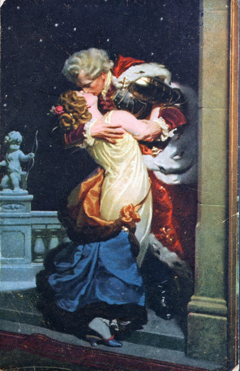 Cartão postal retratando um casal do século XVIII beijando de German School