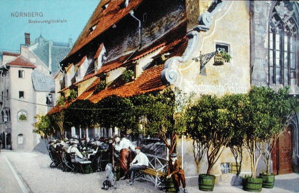 Cartão postal retratando o restaurante Bratwurstglocklein em Nuernberg, pré 1914 (foto colorida) de German School