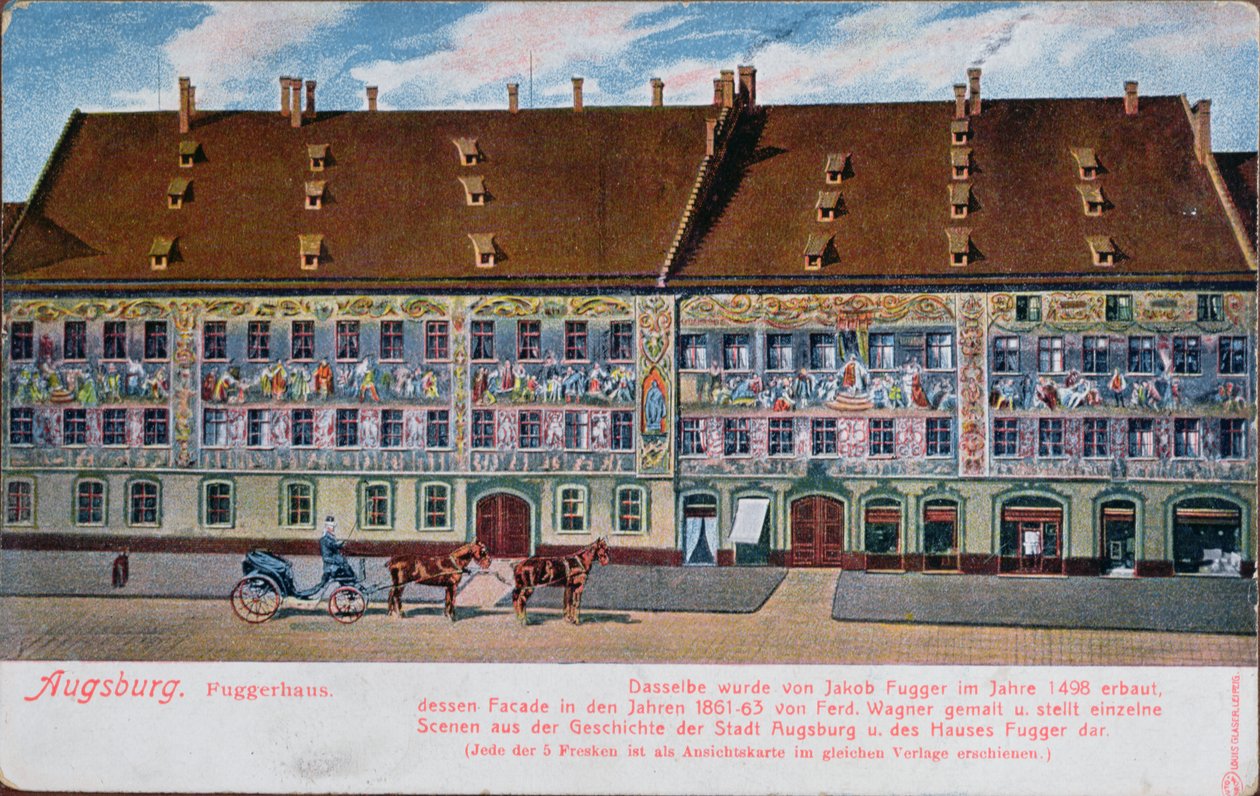 Cartão postal representando o Fuggerhaus, Augsburg de German School