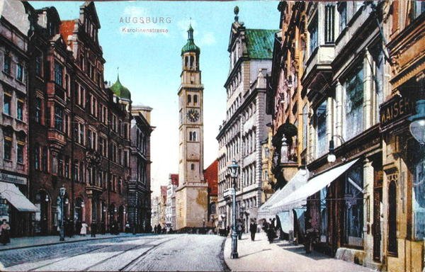 Cartão postal representando a Karolinenstrasse em Augsburg, c.1910 (foto colorida) de German School