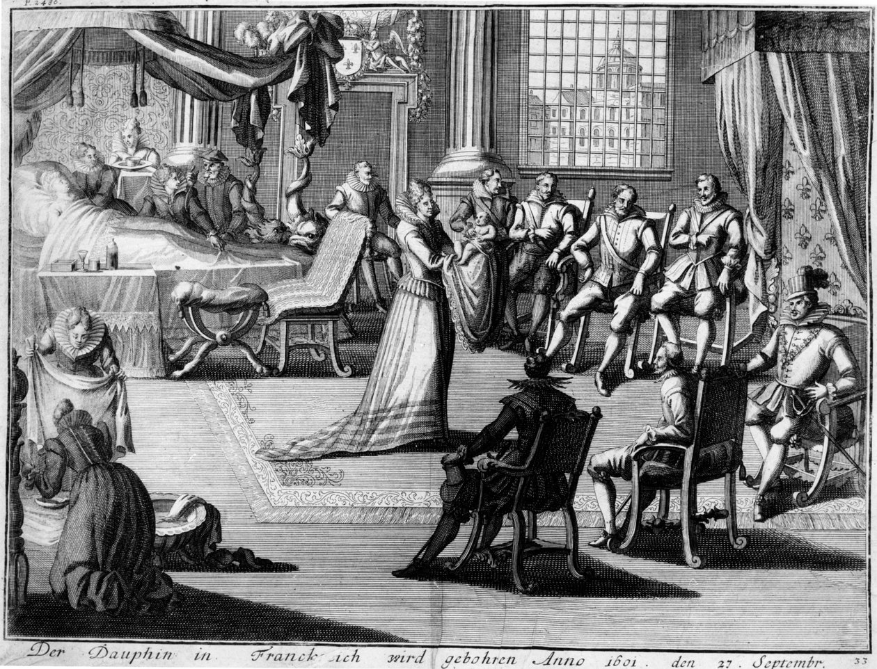 Apresentação em Fontainebleau do Dauphin ao seu pai, o rei Henrique IV, em 27 de setembro de 1601 de German School
