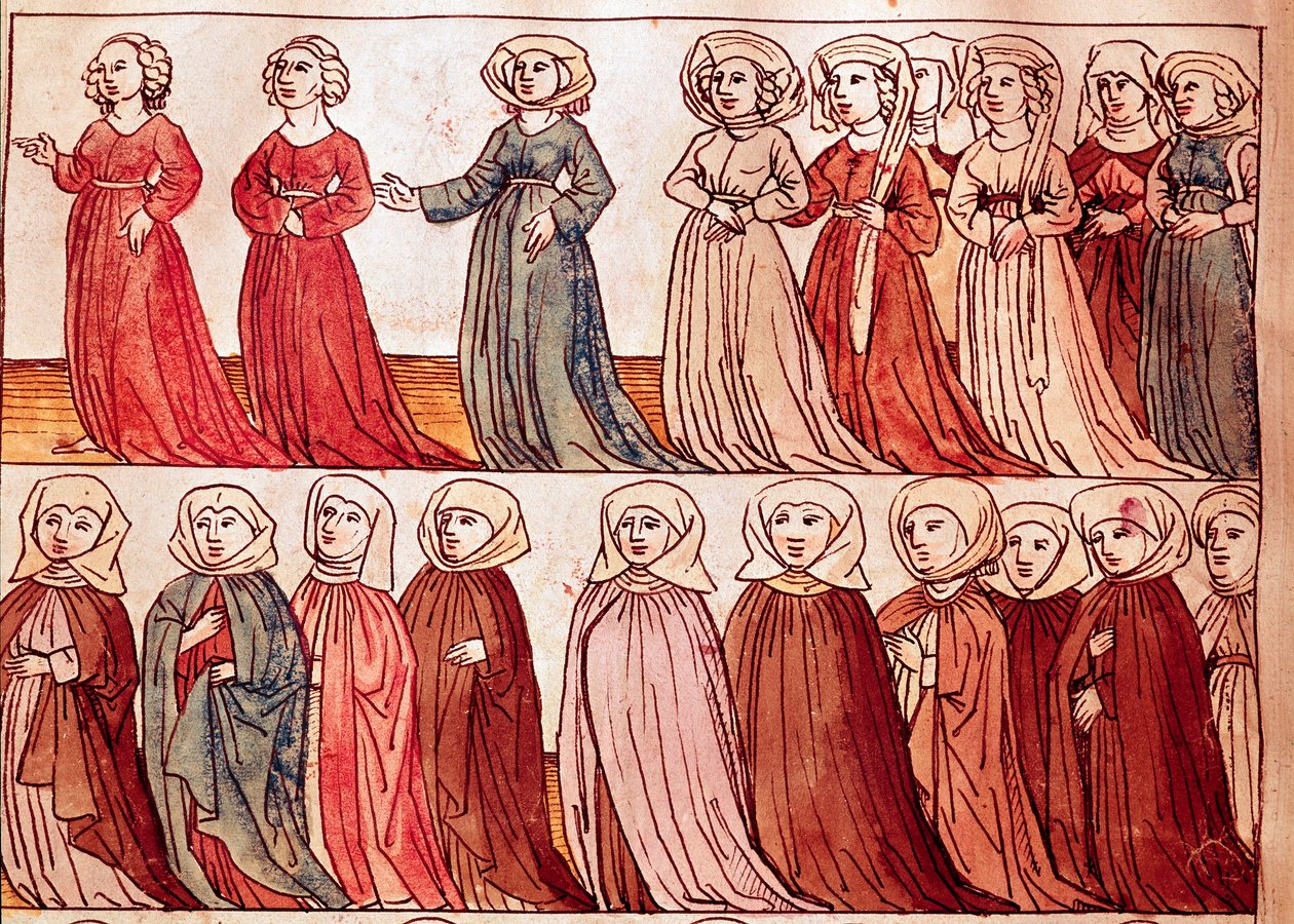 Procissão de mulheres de Boheme. Miniatura de "Chronicles of the Council of Constance" de Ulrich Richental (1360-1437) 1438 aproximadamente Praga, biblioteca nacional de German School