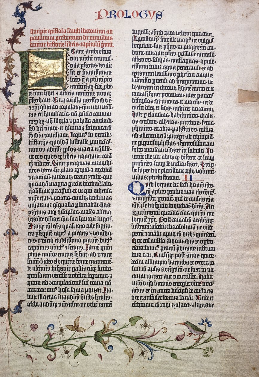 Prólogo fólio com letra "F" dourada e verde, e borda de folhas, flores, cipós e pássaros, 1455 de German School
