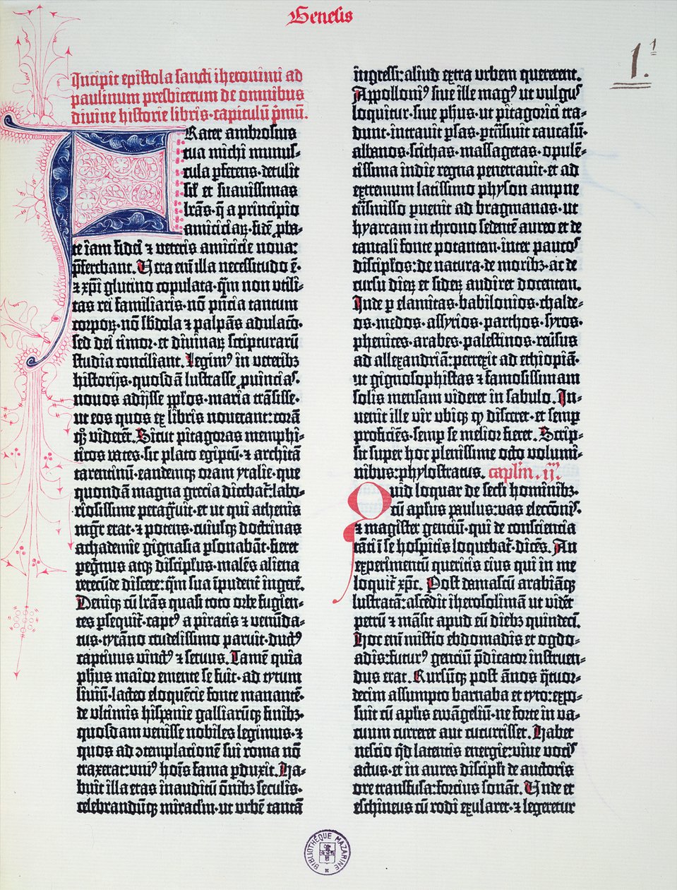 Prólogo da Bíblia de Gutenberg, impresso por Johannes Gutenberg (c.1400-68) e Peter Schoeffer (1425-1502) em Mainz, 1454-56 (impresso) de German School