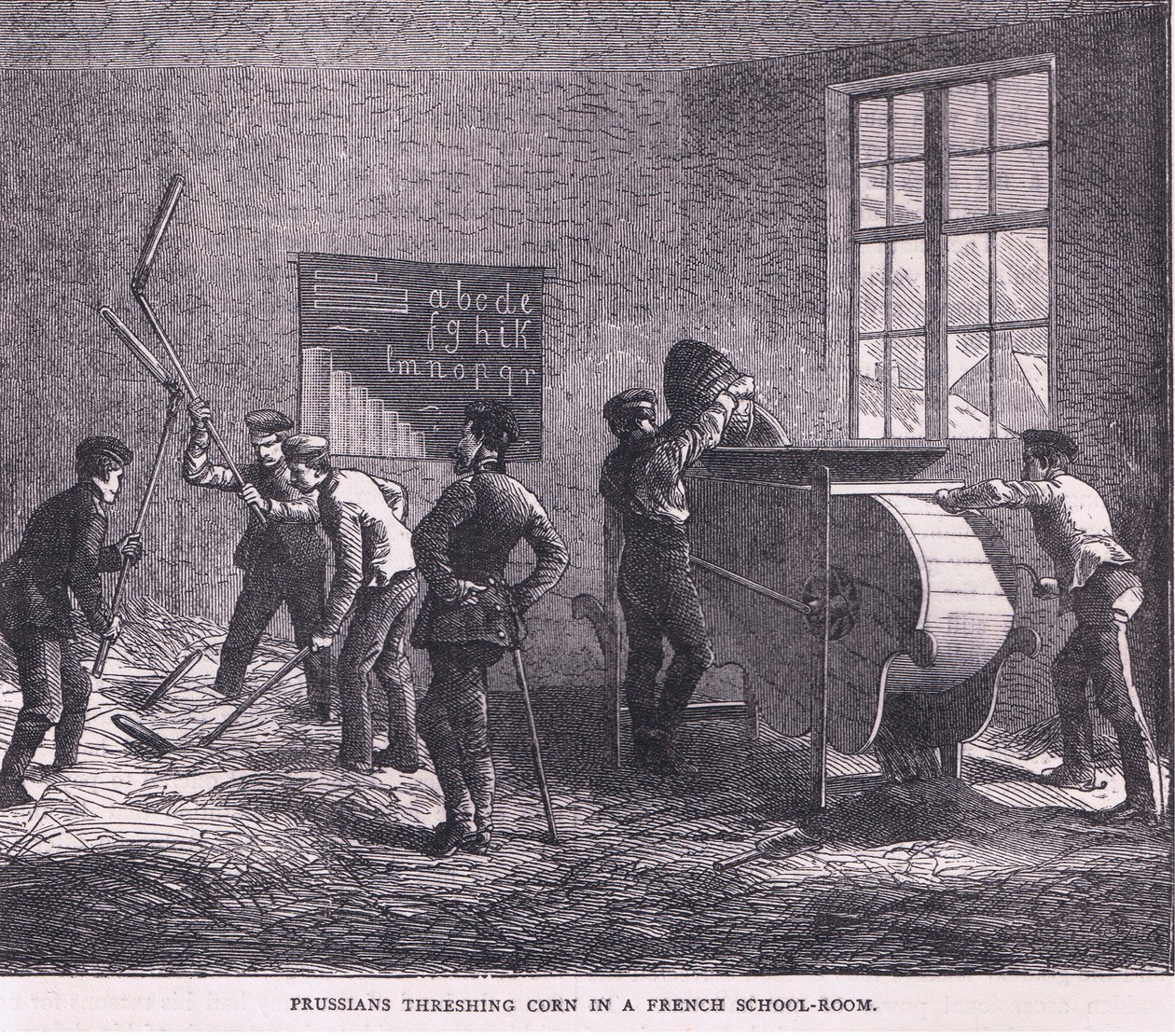 Prussians threshing corn in a French school room, Cassells History of the War between France and Germany publicado por Cassell and Company Limited, c.1890 (litho) de German School