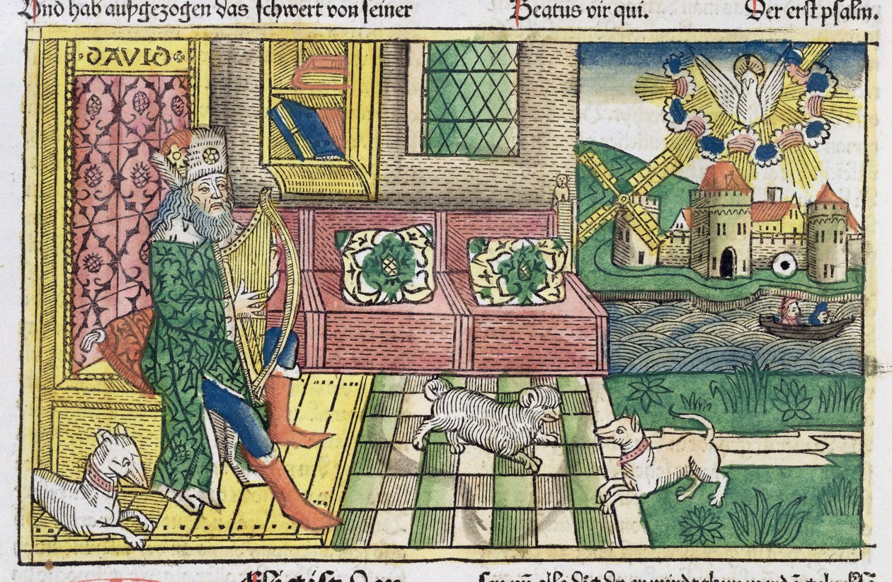 Salmos: frontispício mostrando o rei Davi tocando a lira, da Bíblia de Nuremberg (Biblia Sacra Germanaica) (xilogravura colorida) de German School