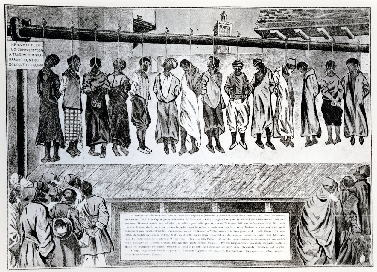 Execução pública dos cidadãos de Trípoli, que se opuseram à invasão italiana em 1911, da revista Simplicissimus, 1912 de German School