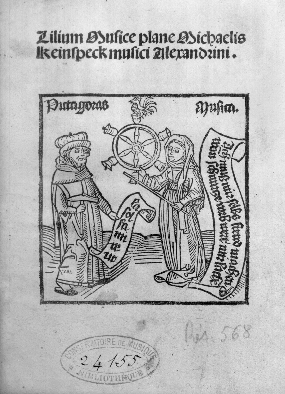 Pitágoras (c.580-500 aC) e Música, página de rosto de Lilium Musicae de Michael Keinspeck, Augsburg, publicado em 1500 de German School