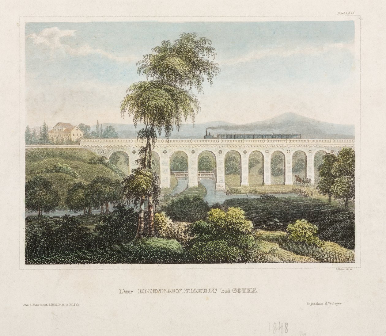 Viaduto ferroviário em Gotha, gravado por B. Metzeroth, 1848 de German School